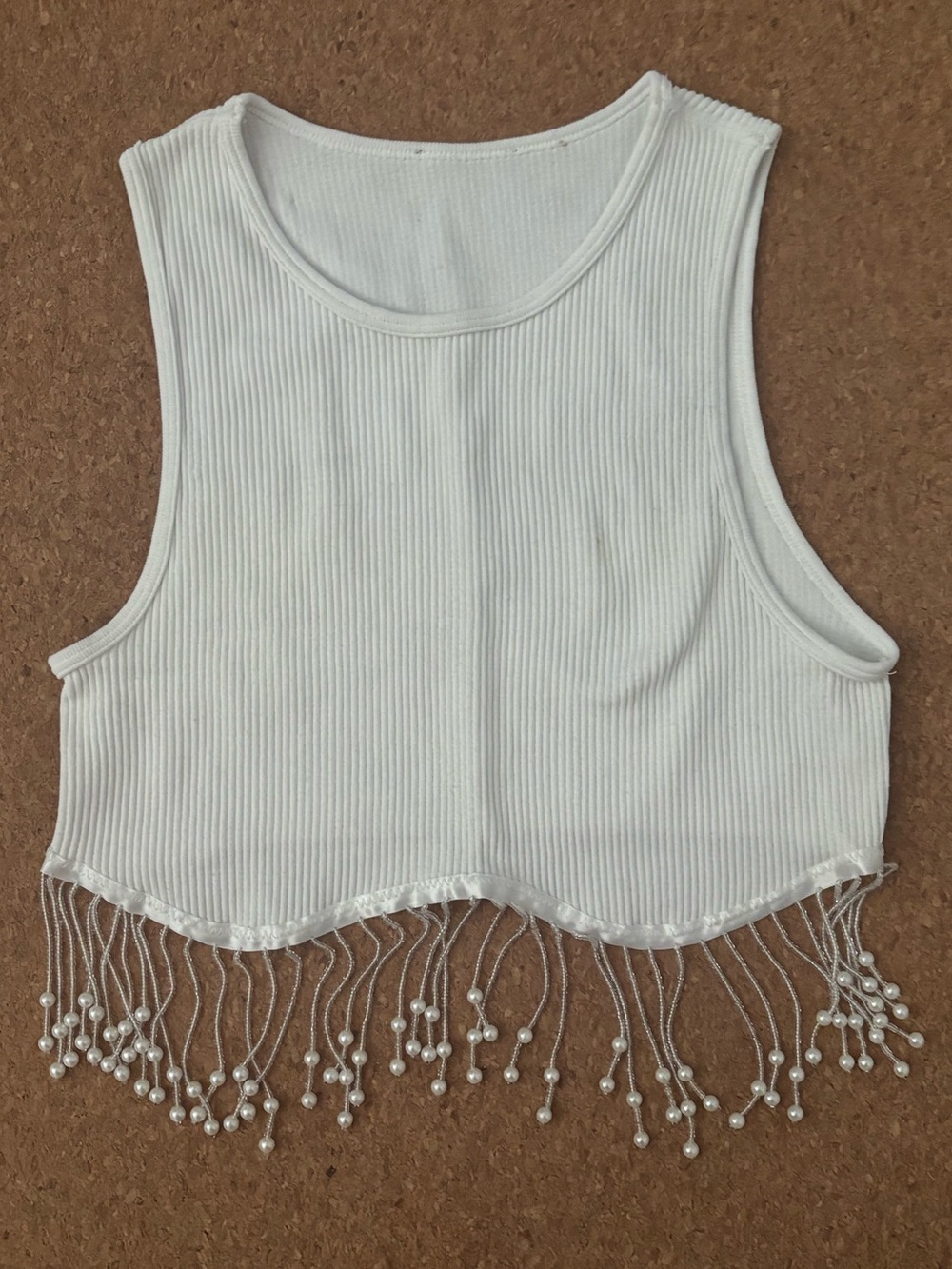White Pearl-Trim Ribbed Cropped Tank Top